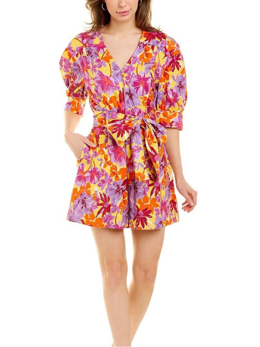 Tanya Taylor Becky Belted Romper linen blend floral puff sleeve size 14